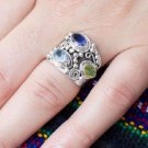 Genuine Peridot, iolite, Blue Topaz Wide Band Ring with Bead Designs in Sterling