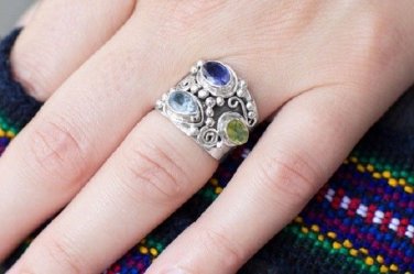 Genuine Peridot, iolite, Blue Topaz Wide Band Ring with Bead Designs in Sterling