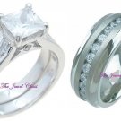 His & Hers Princess Diamond Engagement Ring Wedding band set White Gold Titanium