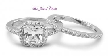 2 Ct Princess Cut Halo Style Engagement Wedding Ring Band Set 14K White Gold