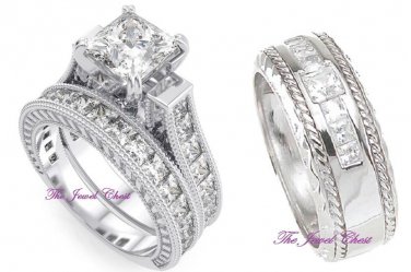His & Hers Princess cut Diamond Engagement Ring Wedding band set White Gold