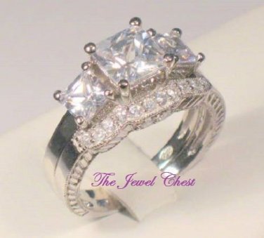 3 Ct Princess Diamond Engagement Ring Anniversary set White Gold Antique Design