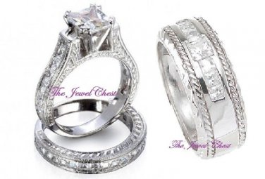 His & Hers Princess VS1 Diamond Engagement Ring Wedding Band Set White Gold