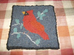Primitive Hand hooked rug Cardinal