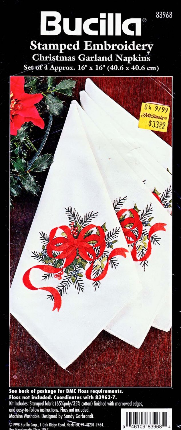 4 CHRISTMAS GARLAND NAPKINS STAMPED EMBROIDERY KIT BUCILLA *BEAUTIFUL