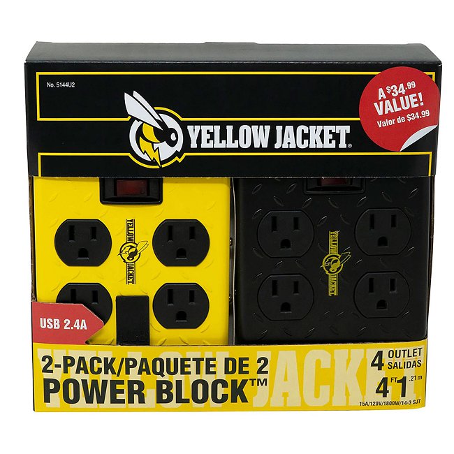 Yellow Jacket Southwire 4 Outlet Power Block + 2 USB Ports