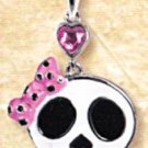 Lead Free Skull with Pink Bow Pewter Pendant