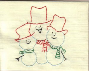 Handmade Embroidered Three Snowmen Cards