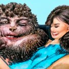 Pretty woman lies in a Hairy Monster's lap