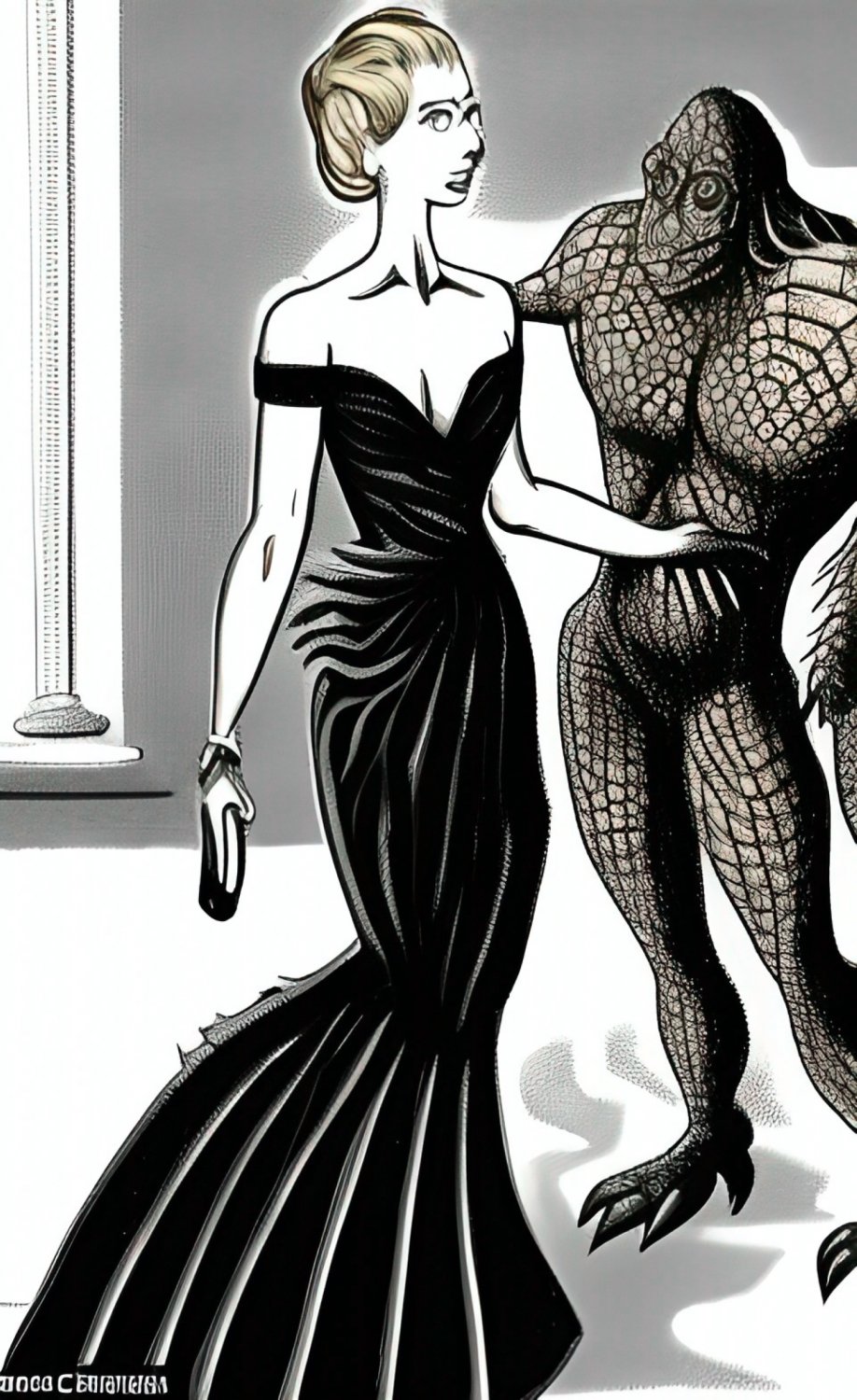 BW: A fancy lady confronted by a monster