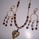 Garnet and Gold Heart Necklace and Earrings Set