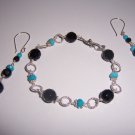 Sterling Silver Bracelet and Earrings Set with Black Onyx and Turquoise