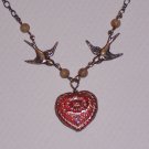 Red Heart Baby Swallow Love Bird Necklace on Antiqued Brass