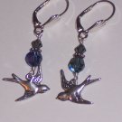 Flying Love Sparrow Bird Earrings on Sterling Silver Lever Backs and Blue Swarovski Crystals