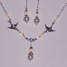 Sparrow Love Birds Necklace and Earrings Set with White Pearls and Opalite