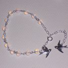 White Bride Sparrows Bracelet  with Love Birds Charms Opalite Stone and Sterling Silver