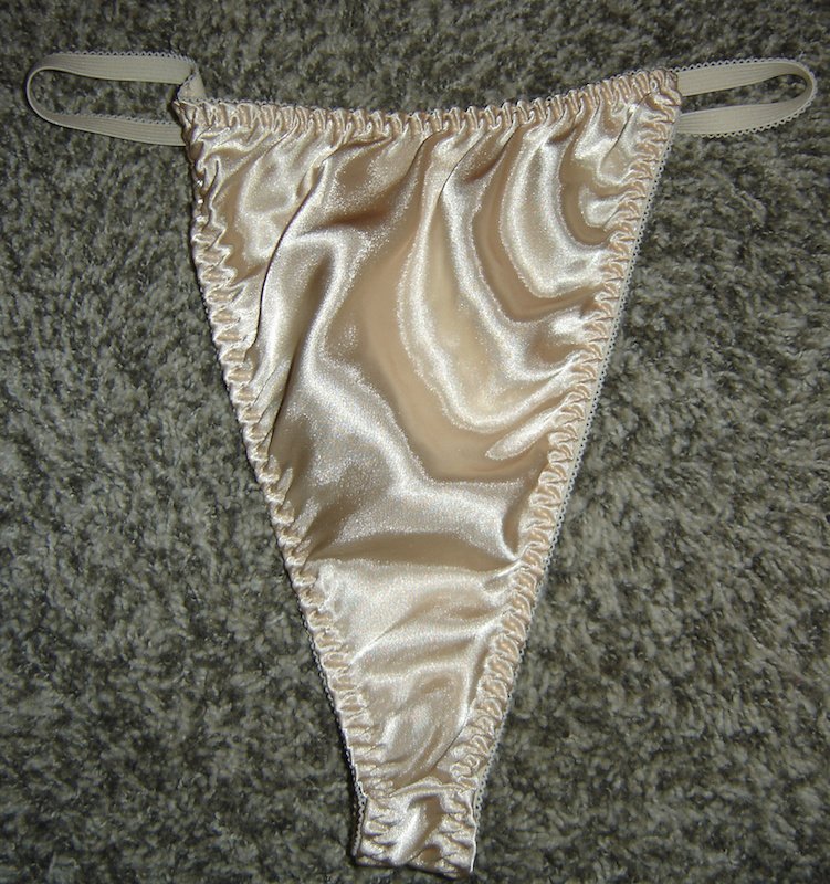 Here's a lovely pair of SILKY SATIN string bikini panties, Size XL. 