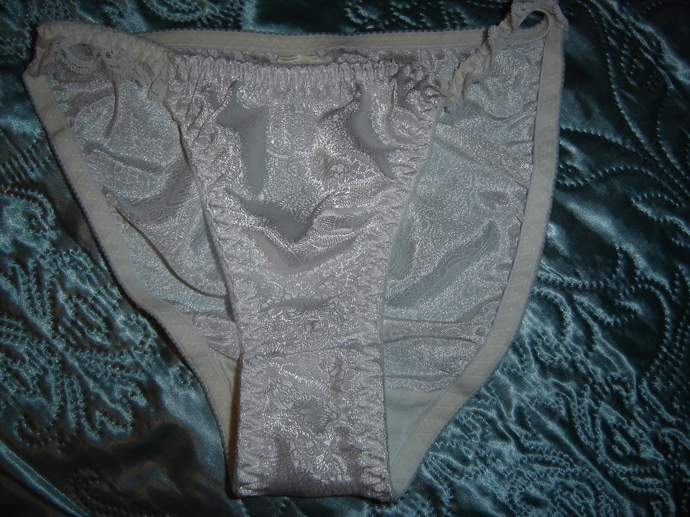 Glistening White Silky Satin String Bikini Panties W Lace Size S