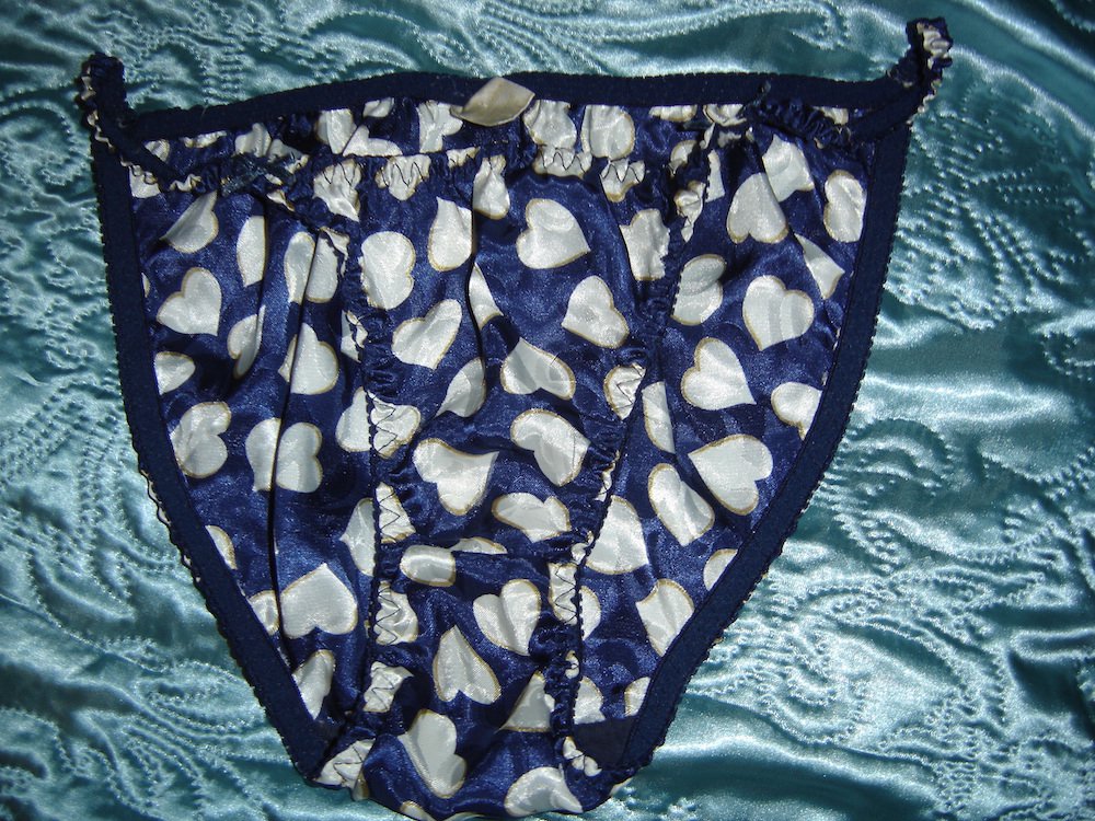 Vintage Silky Satin String Bikini Panties Blue Whearts Sz S5 3569