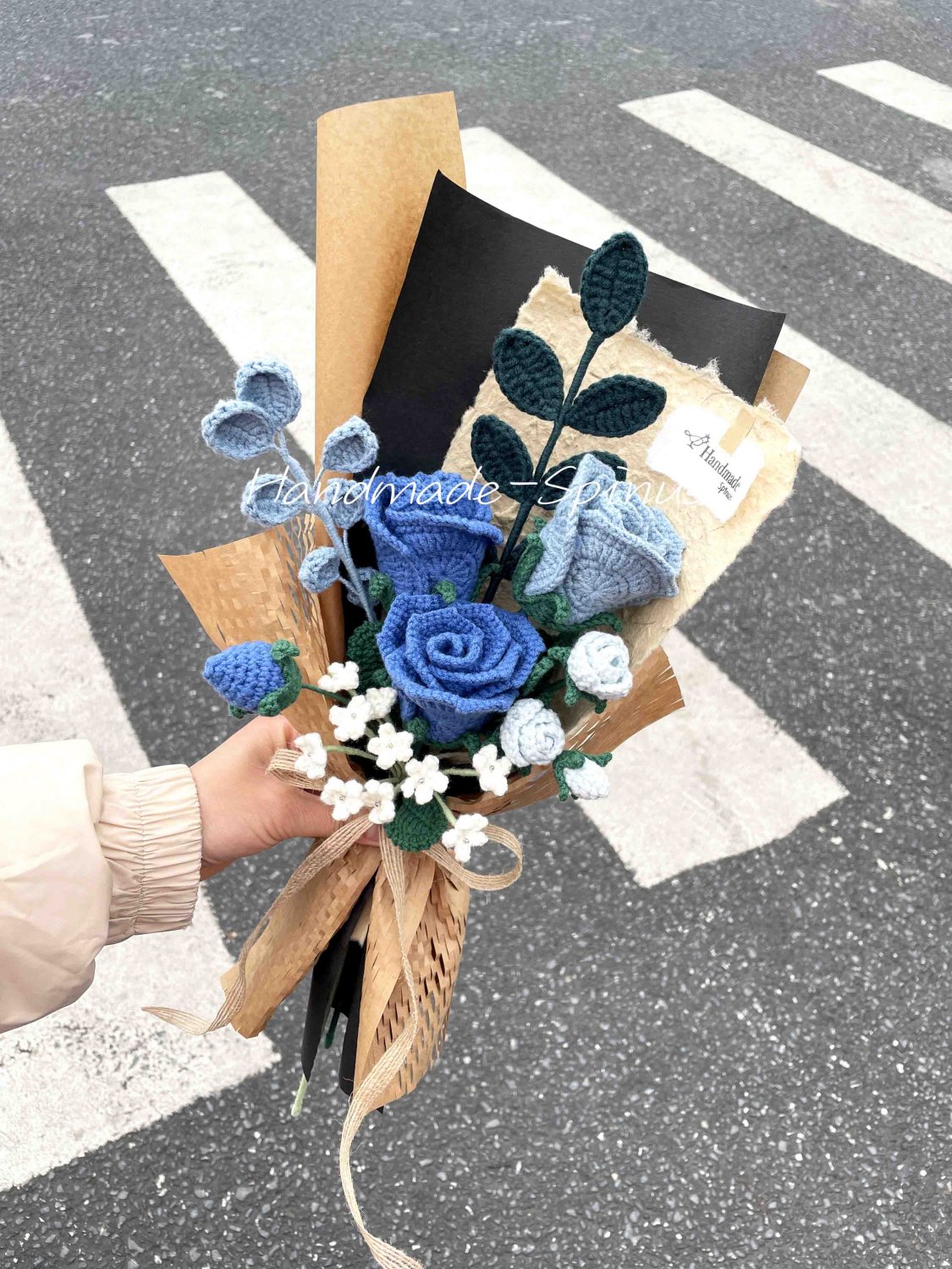 Haze Blue Indigo Rose Crochet Bouquet