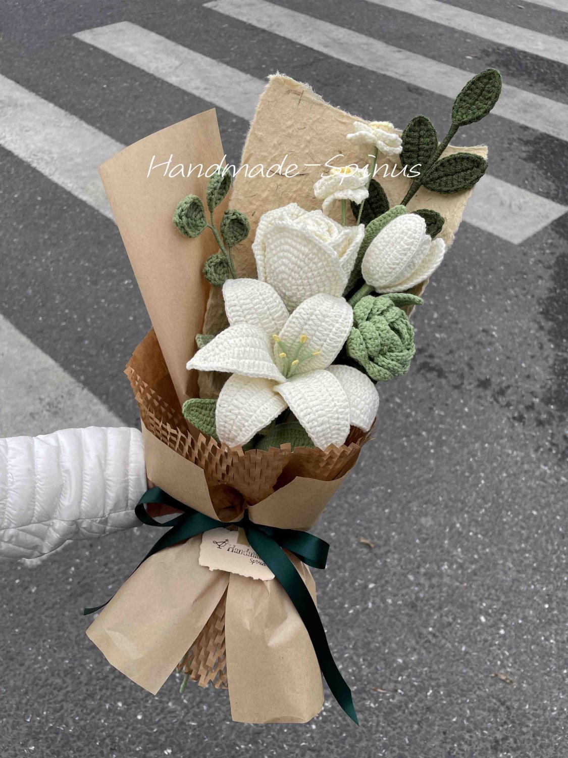 White+Green Rose Crochet Bouquet
