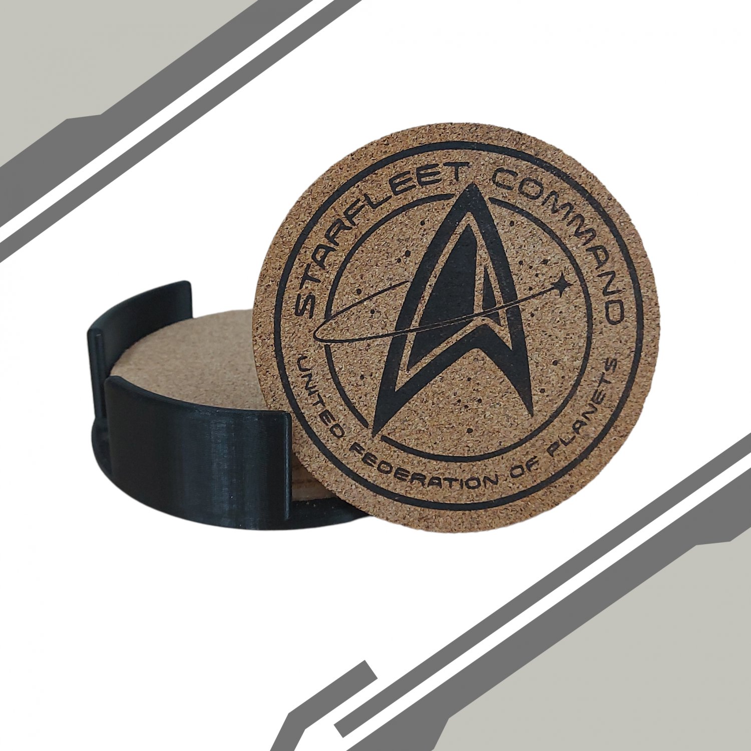 Star Trek Laser Engraved Cork Drink Coasters With Holder - Starfleet Command Logo