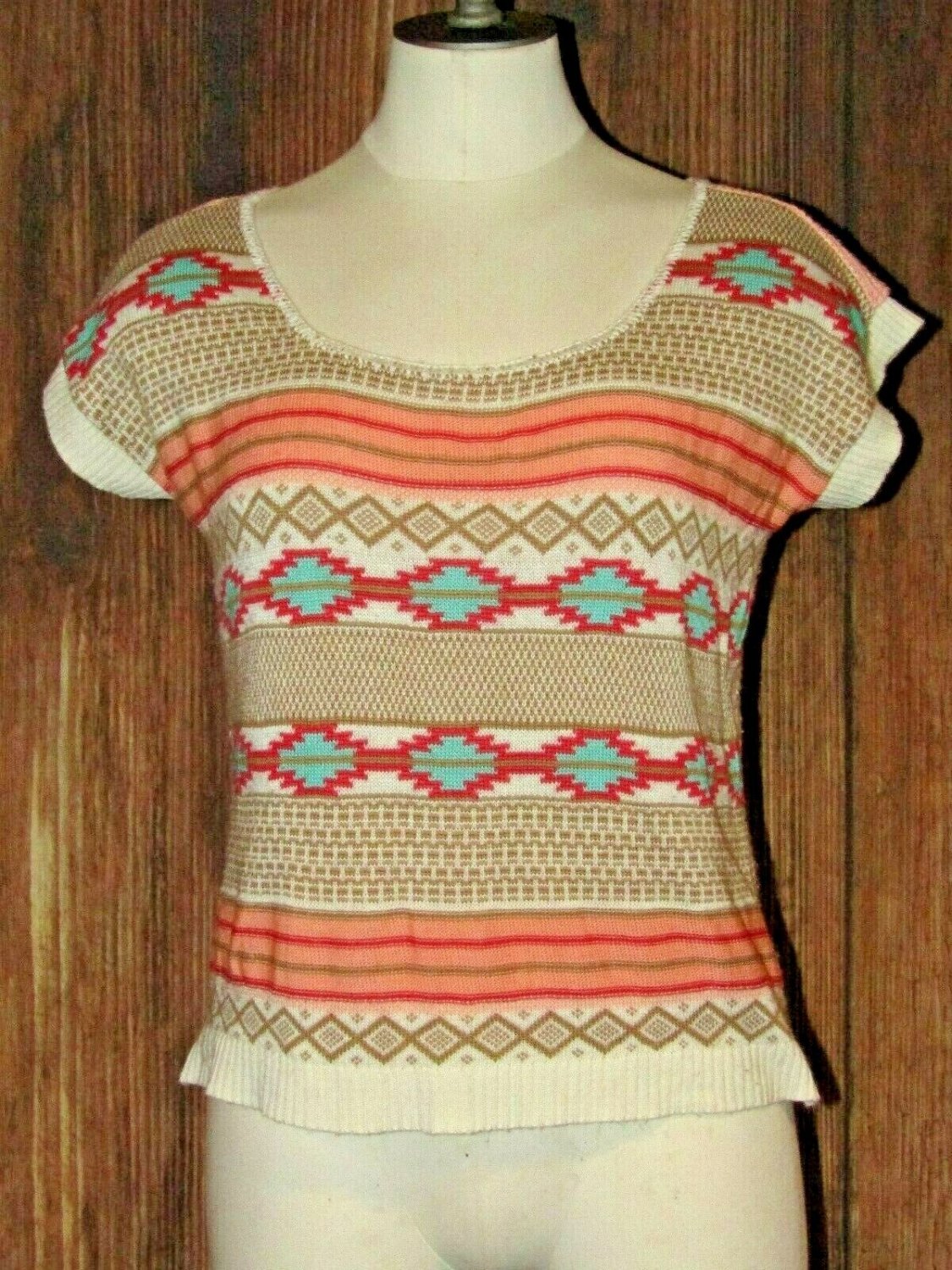 Cotton Emporium Aztec Knit Crop Tank Sweater Shirt Size S Pink Turquoise Beige