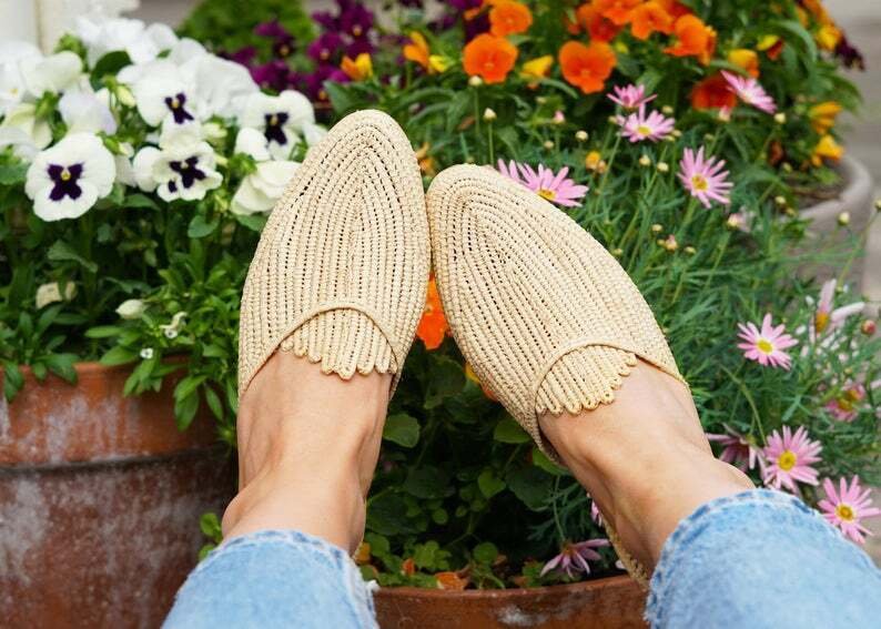 women slippers, shoes, babouch, Raffia shoes,  Raffia mule,