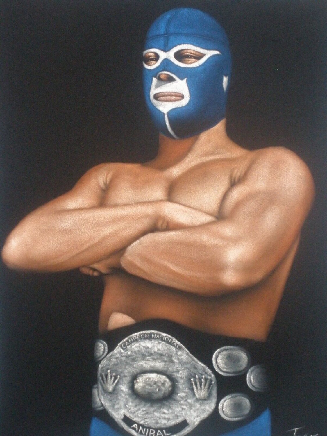 Anibal Mexican wrestling lucha libre legend black velvet oil painting Art