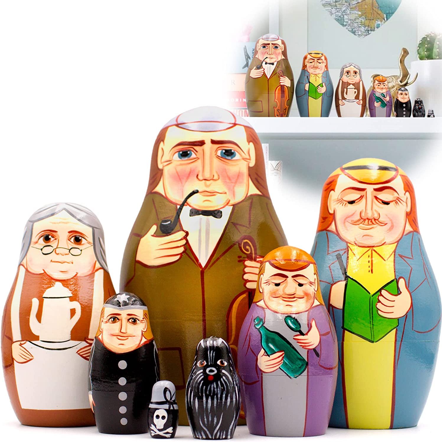 Matryoshka Russian Nesting Dolls On The Motives Stories of Sherlock Holmes 7 pcs Wooden Figurines
