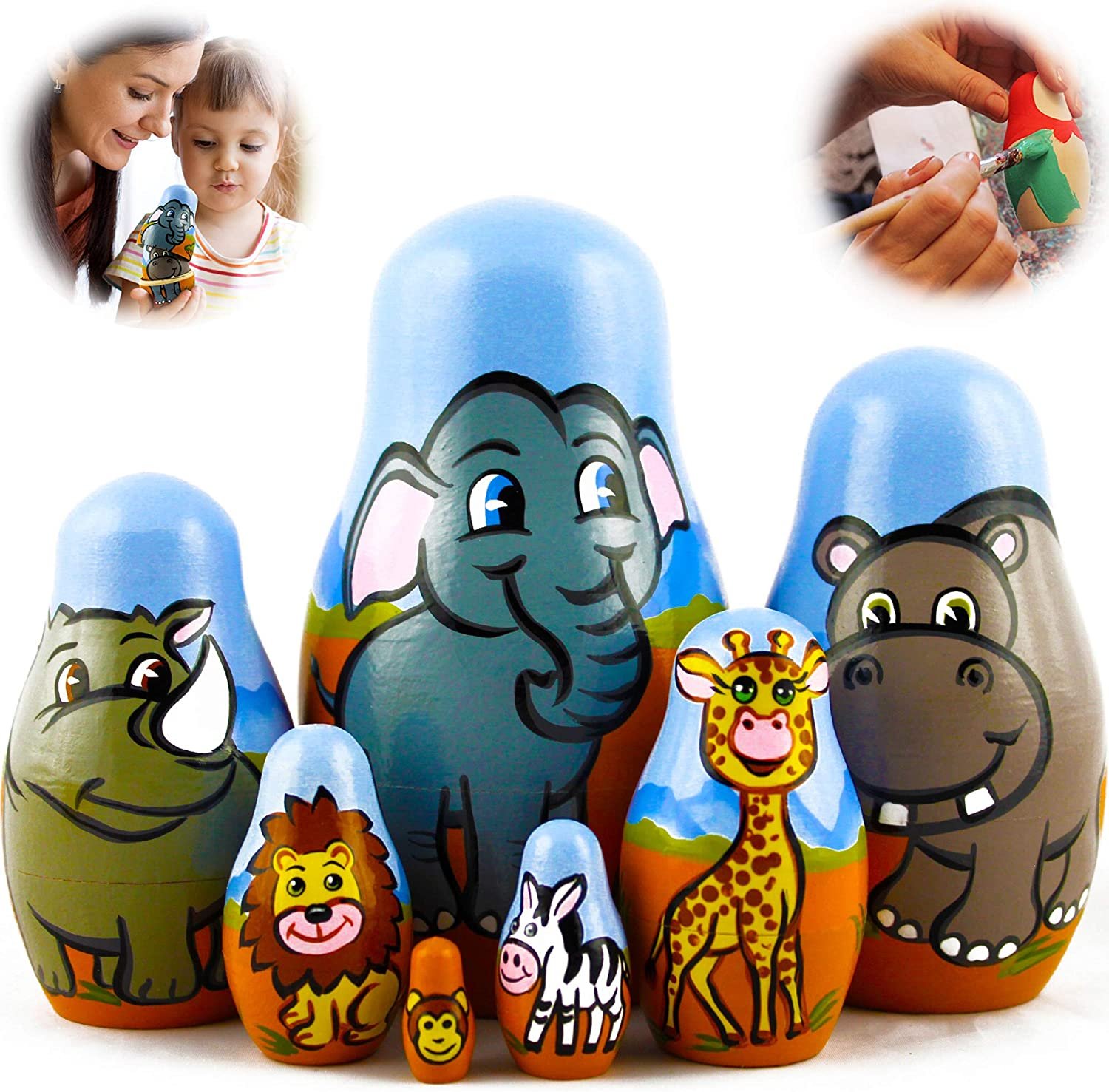 African Animals Set 7 Piece Wood Nesting Dolls for Kids - Safari Figurine Set Wooden Matryoshka Stac
