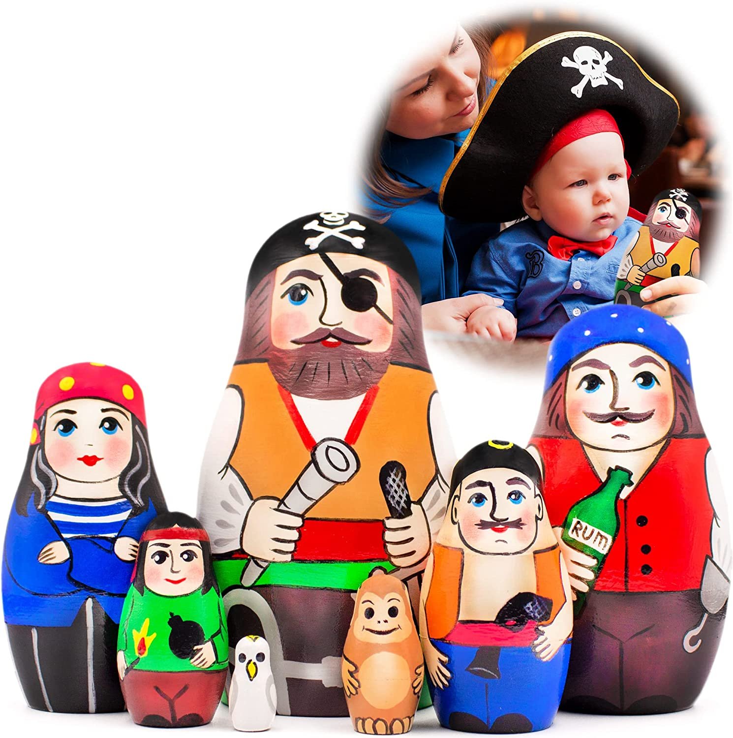 Pirate Russian Nesting Dolls Set 7 pcs - Birthday Gifts with Pirate Decorations - Birthday Gifts