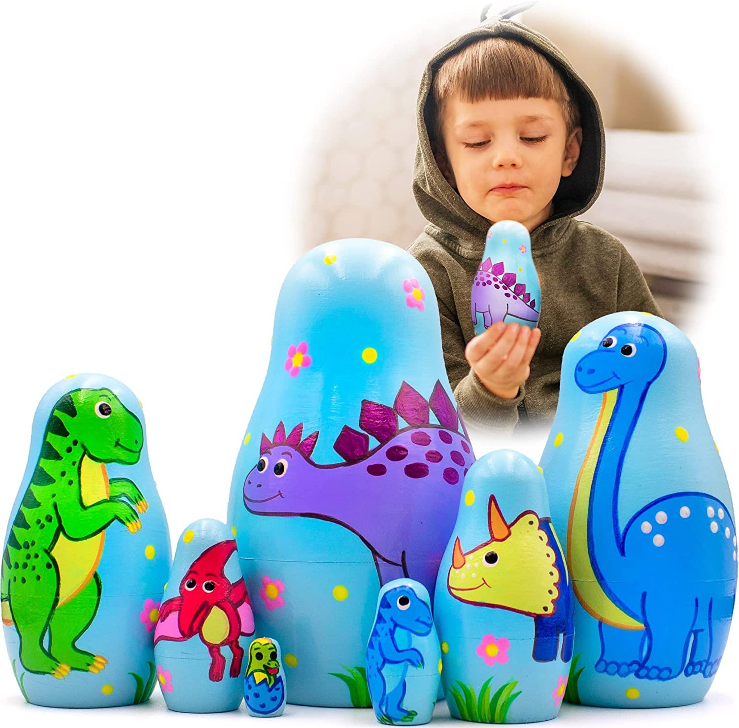 Dinosaur Nesting Dolls Set 7 pcs - Dinosaur Toys for Kids 3-5 &acirc;�� Matryoshka Dinosaur Decor