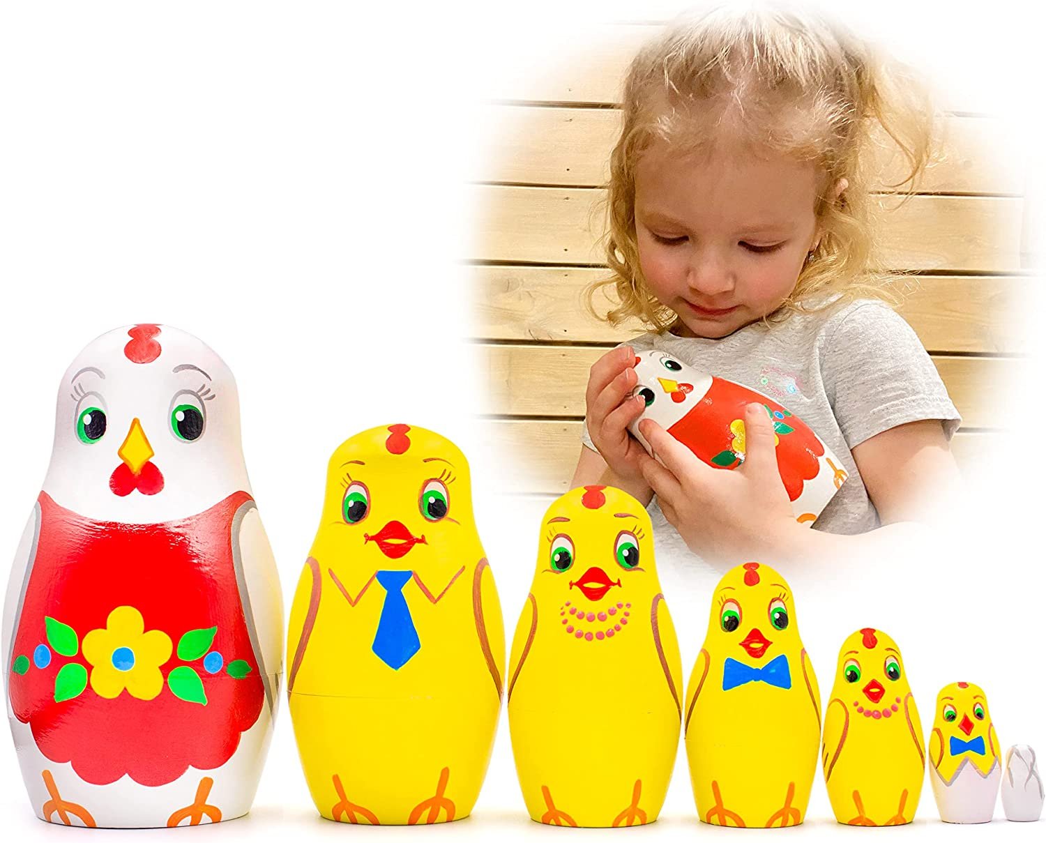 Chicken Nesting Dolls Set of 7 Pcs - Matryoshka Russian Doll - Chicken Easter Decor