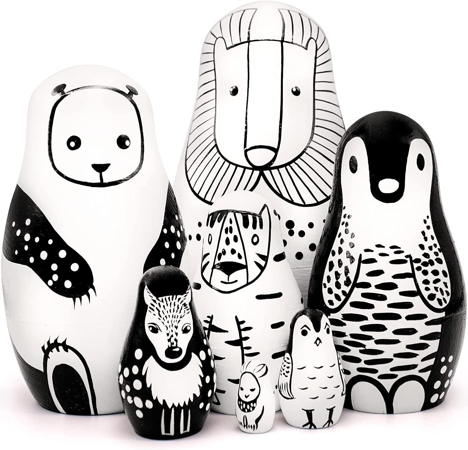 Black and White Wooden Animals Nesting Dolls Set of 7 pcs - Black and White Matryoshka Doll