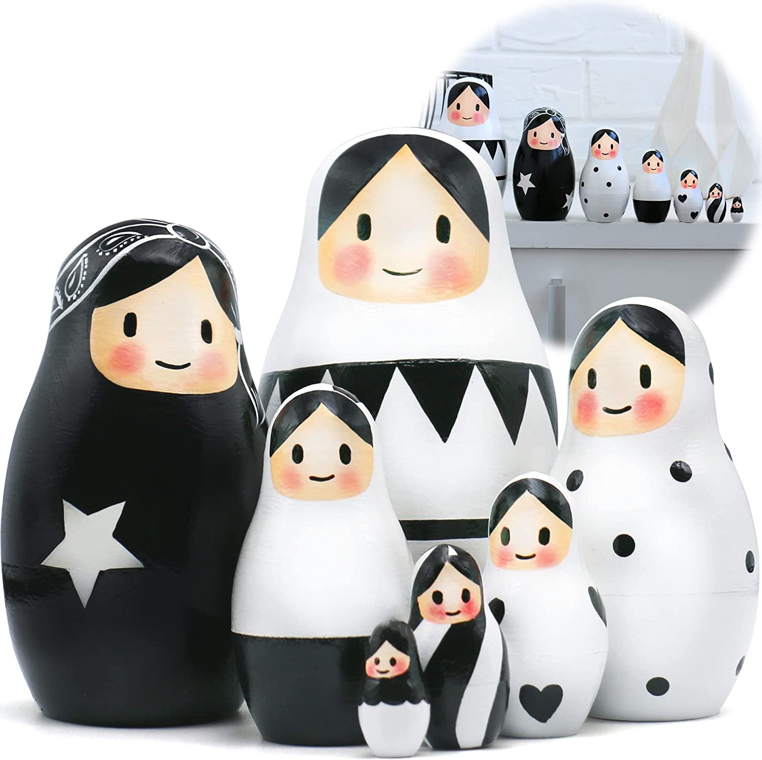 Black and White Russian Nesting Dolls Set of 7 pcs - Matryoshka Doll for Black and White Decor