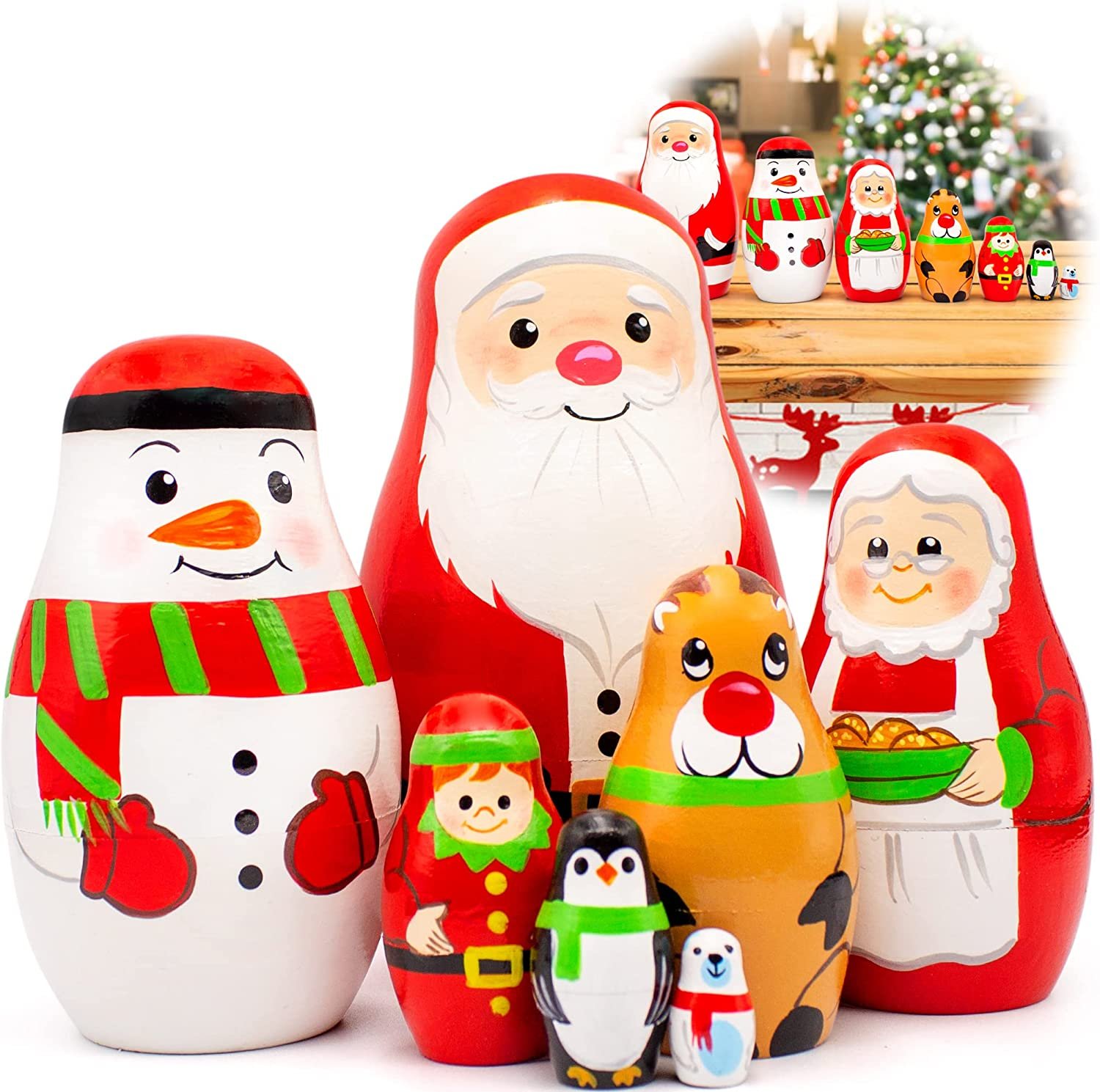Christmas Nesting Dolls Set 7 pcs - Matryoshka Doll Christmas Decorations Christmas Toys Santa Snow