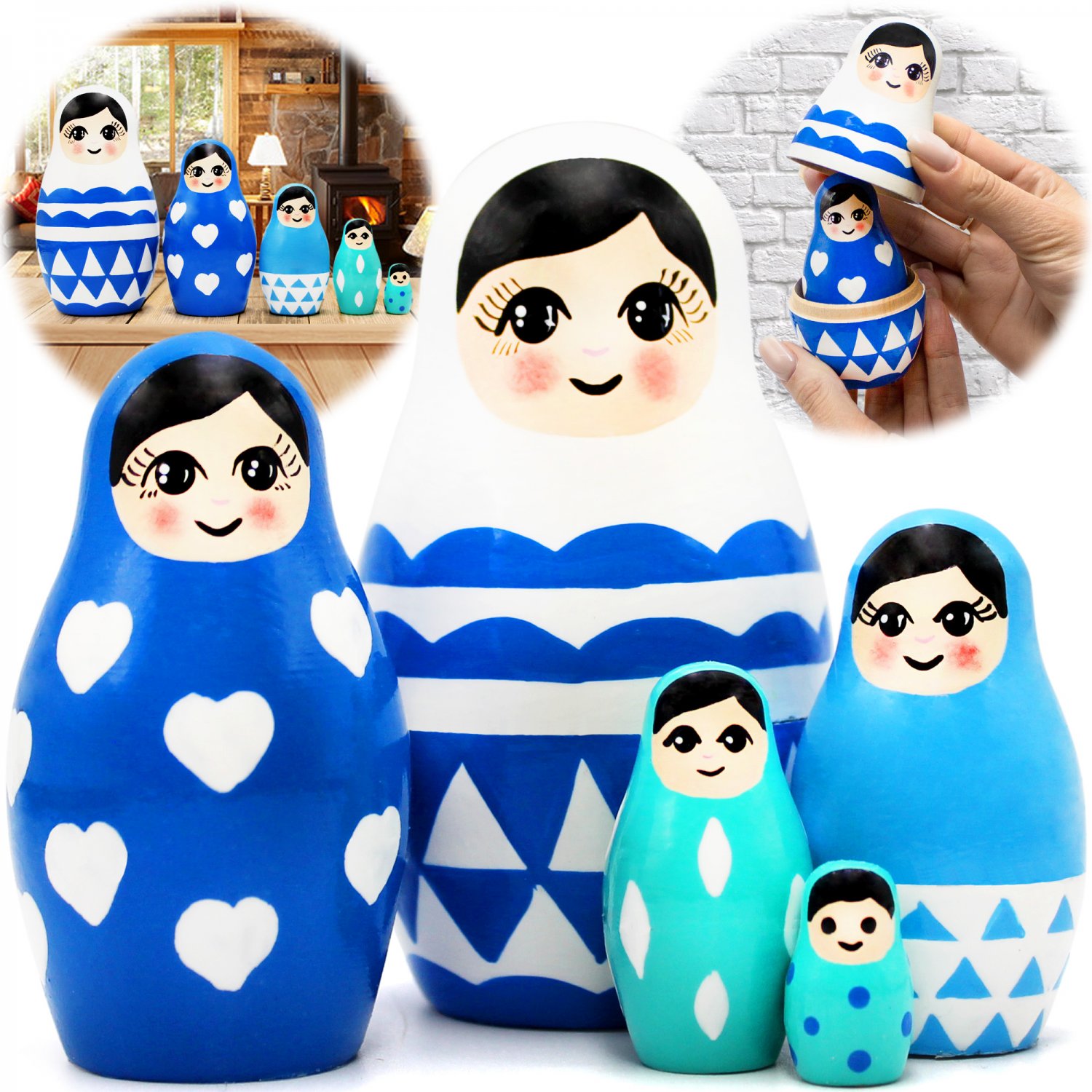Blue Russian Nesting Dolls Set 5 pcs - Russian Dolls Blue Nursery Decor for Boys