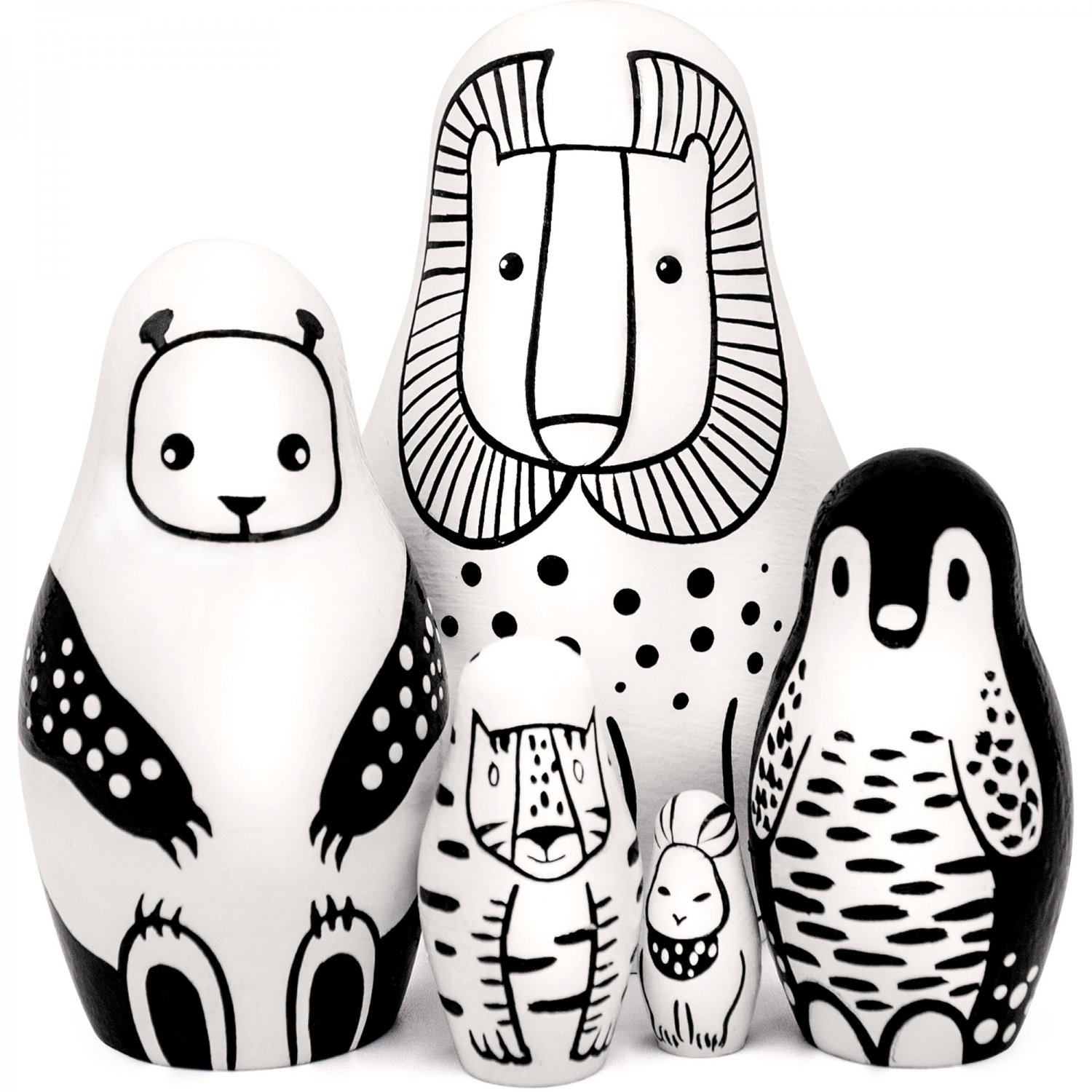 Black and White Animals Nesting Dolls Set of 5 pcs - Black and White Toys