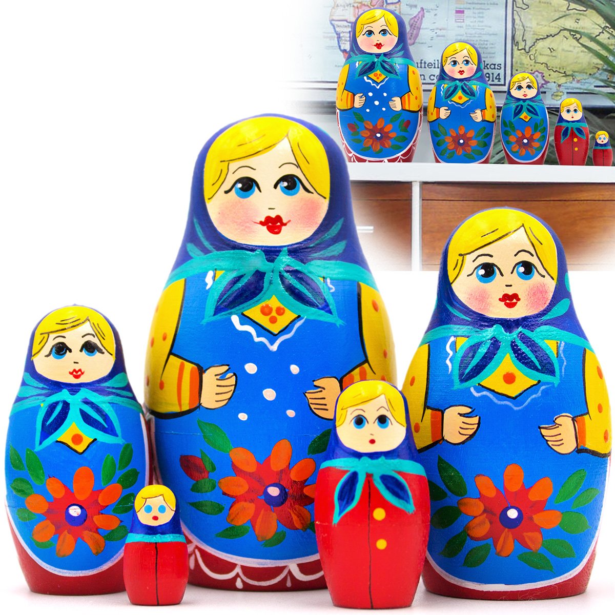 Nesting Dolls Set of 5 pcs - Matryoshka in Blue Headscarf and Light Blue Sarafan
