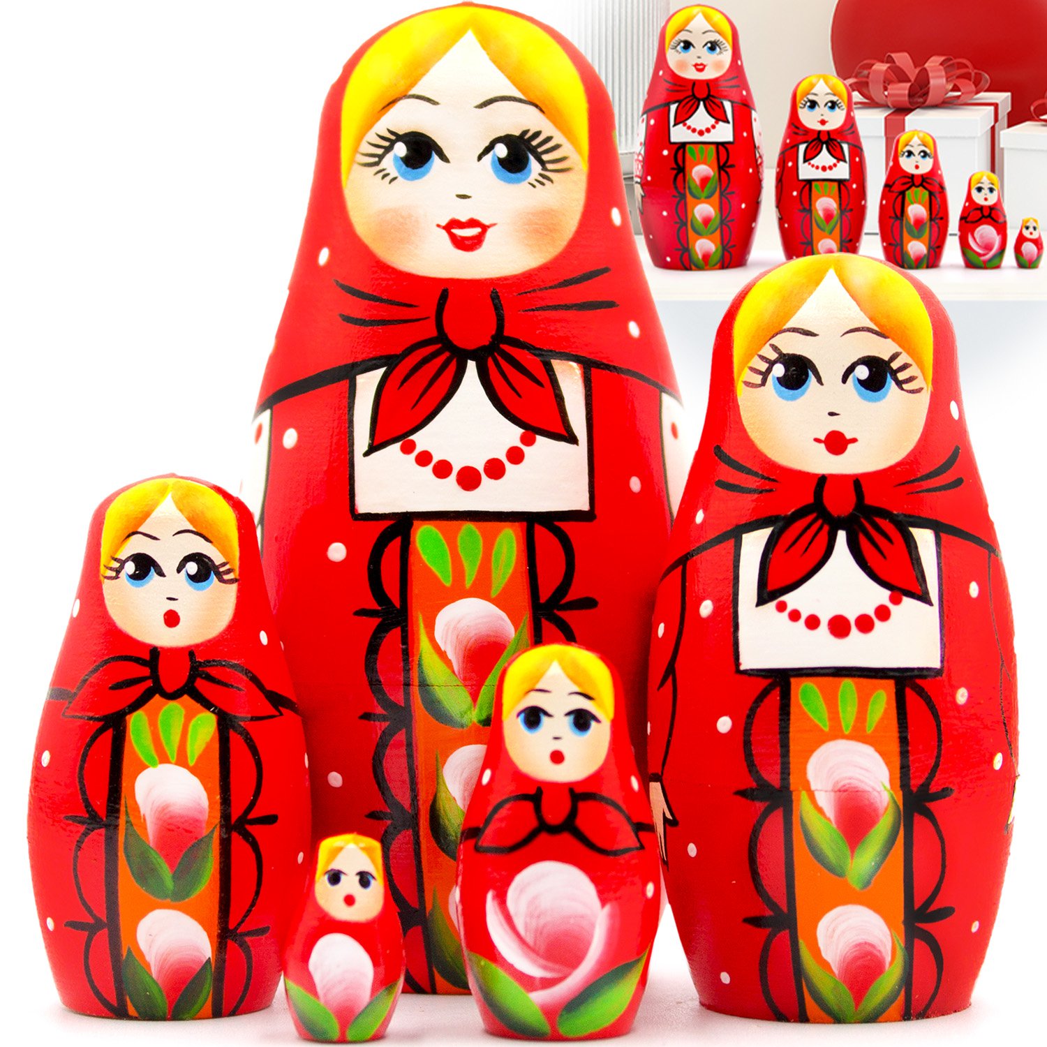 Russian Nesting Dolls Set of 5 pcs - Matryoshka in Red Sundress with Ornaments