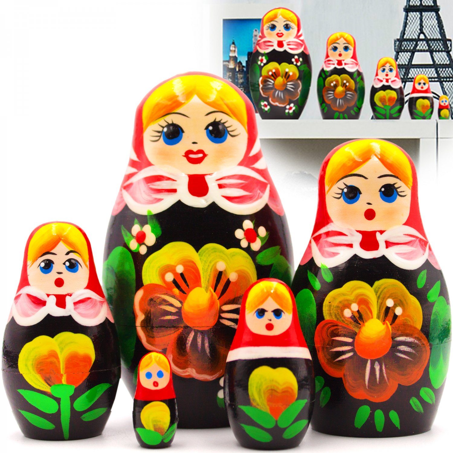 Nesting Dolls Set of 5 pcs - Matryoshka in Sarafan Dress with Violets Flowers