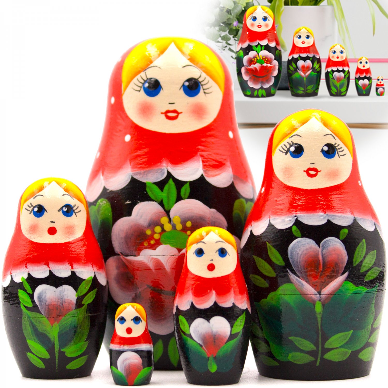 Nesting Dolls Set of 5 pcs - Russian Doll in Sarafan Dress with Poppy Flowers