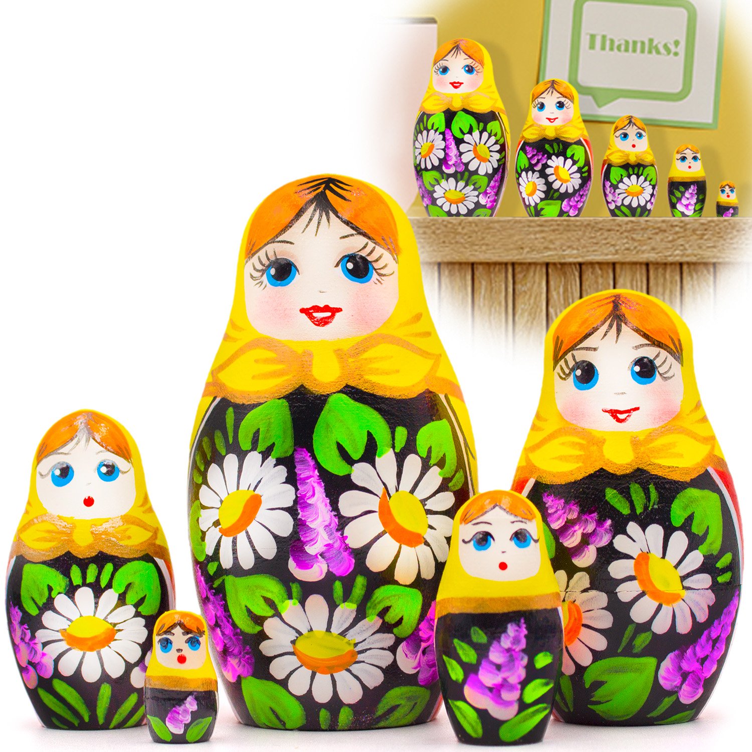 Home Decor Nesting Dolls Set of 5 pcs - Russian Doll with Lilac and Daisy Flowers