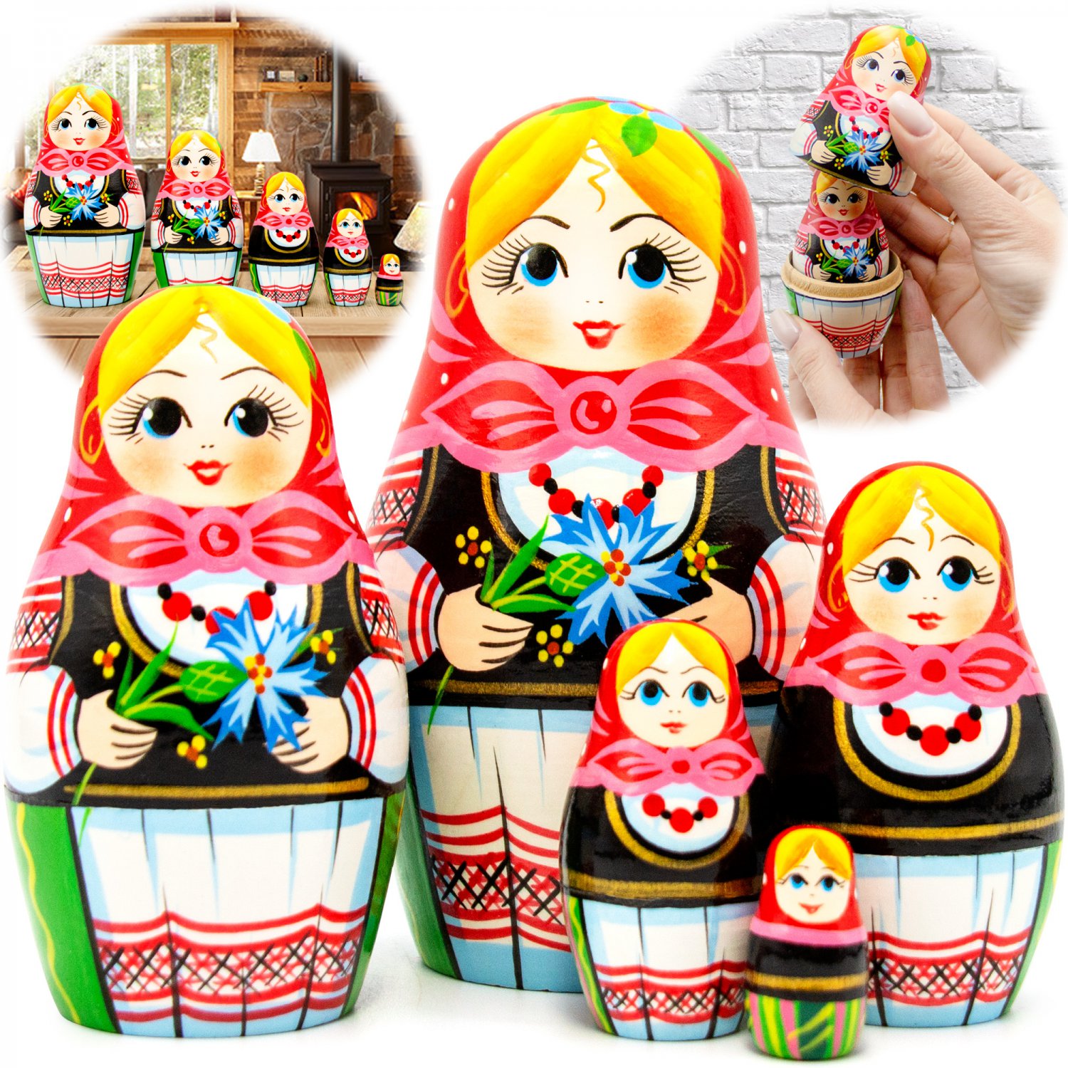 Russian doll in Eastern European Costume - Nesting Dolls for Home Decor Set of 5 pcs