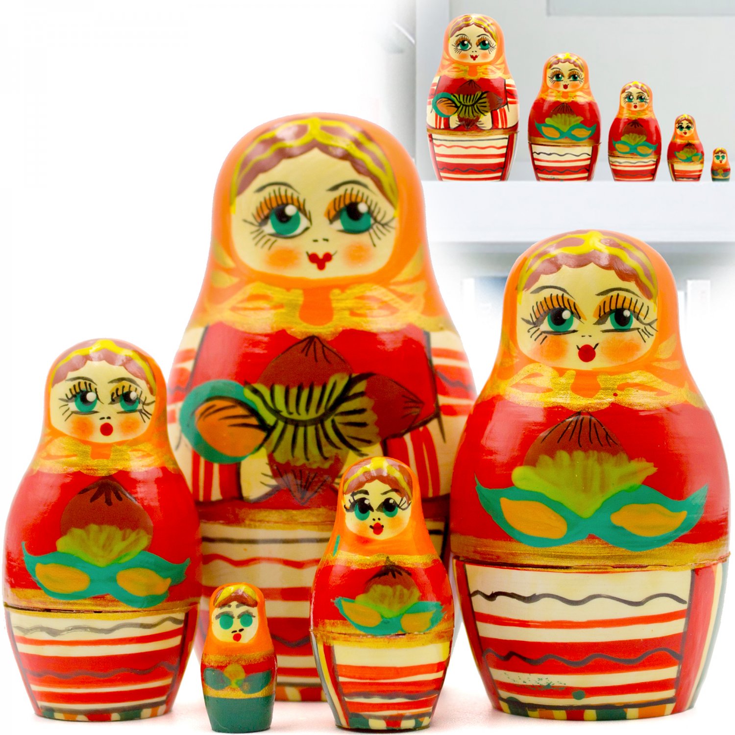 Russian Nesting Dolls Set of 5 pcs - Russian Doll in Orange Dress with Hazelnuts
