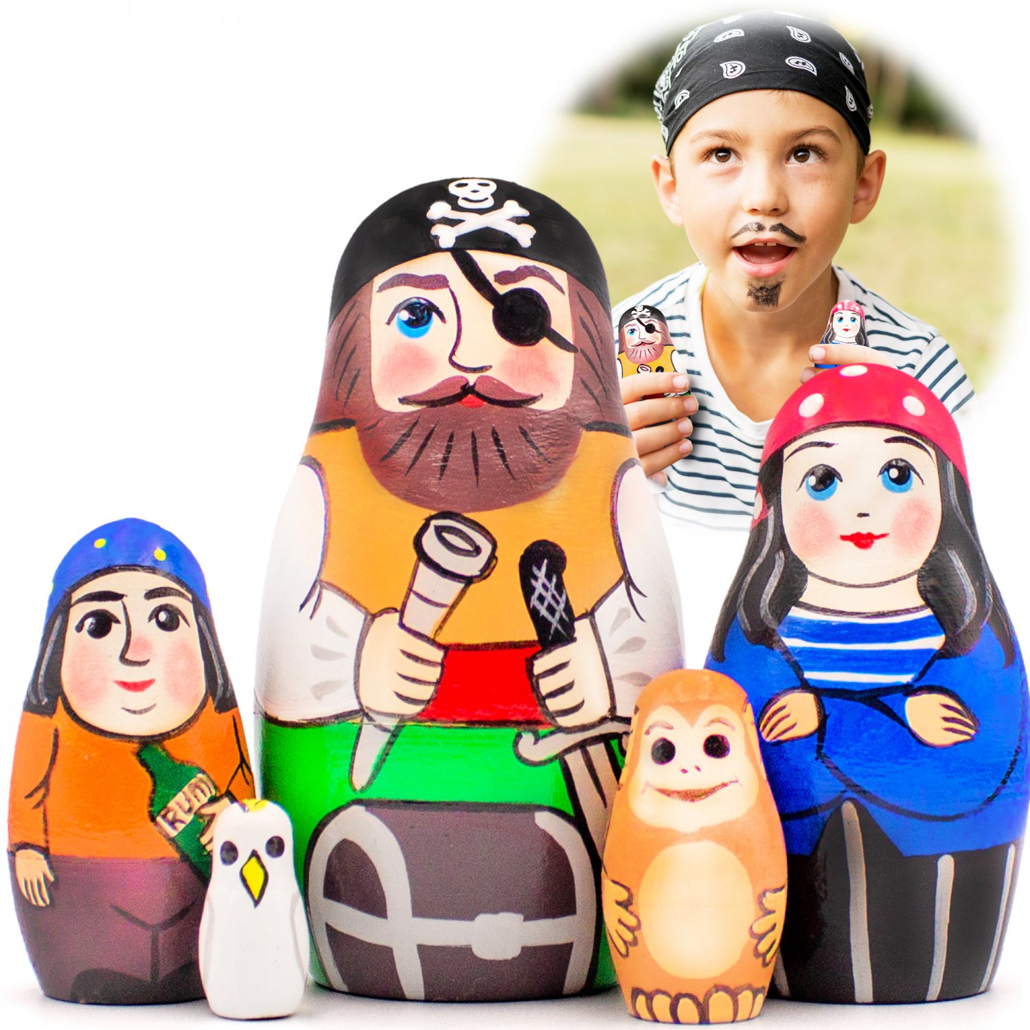Pirates Nesting Dolls Set 5 pcs - Pirate Decor - Learning Toys - Stacking Toys
