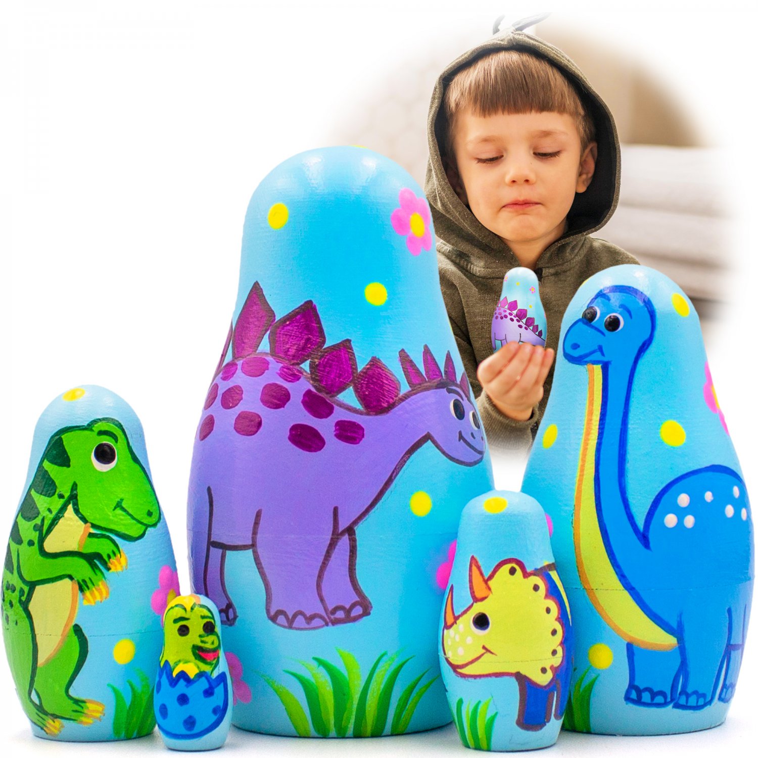 Dinosaur Nesting Dolls Set 5 pcs - Dinosaur Toys for Kids 5-7 - Dinosaur Gifts