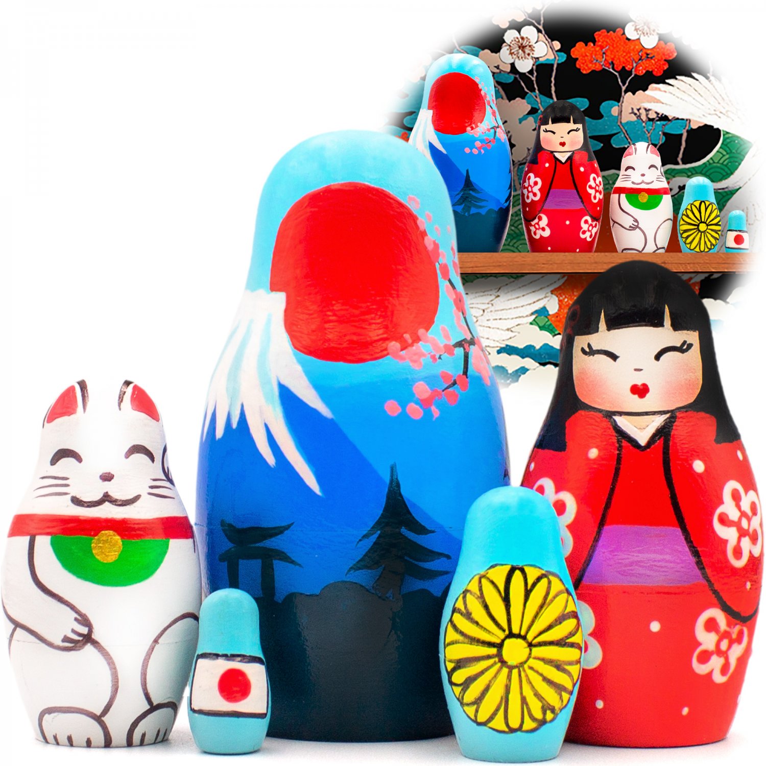 Japanese Nesting Dolls Set of 5 pcs - Japanese Room Decor - Japanese Decorations