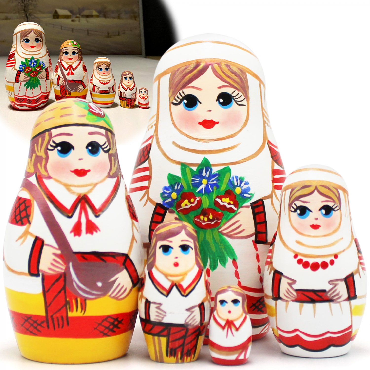 Belorussian Nesting Dolls Set 5 pcs - Matryoshka Dolls in National Clothes with Flowers
